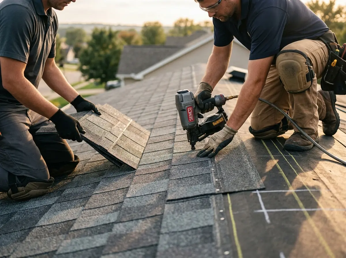 Professional roofer working on a residential roof in Verona